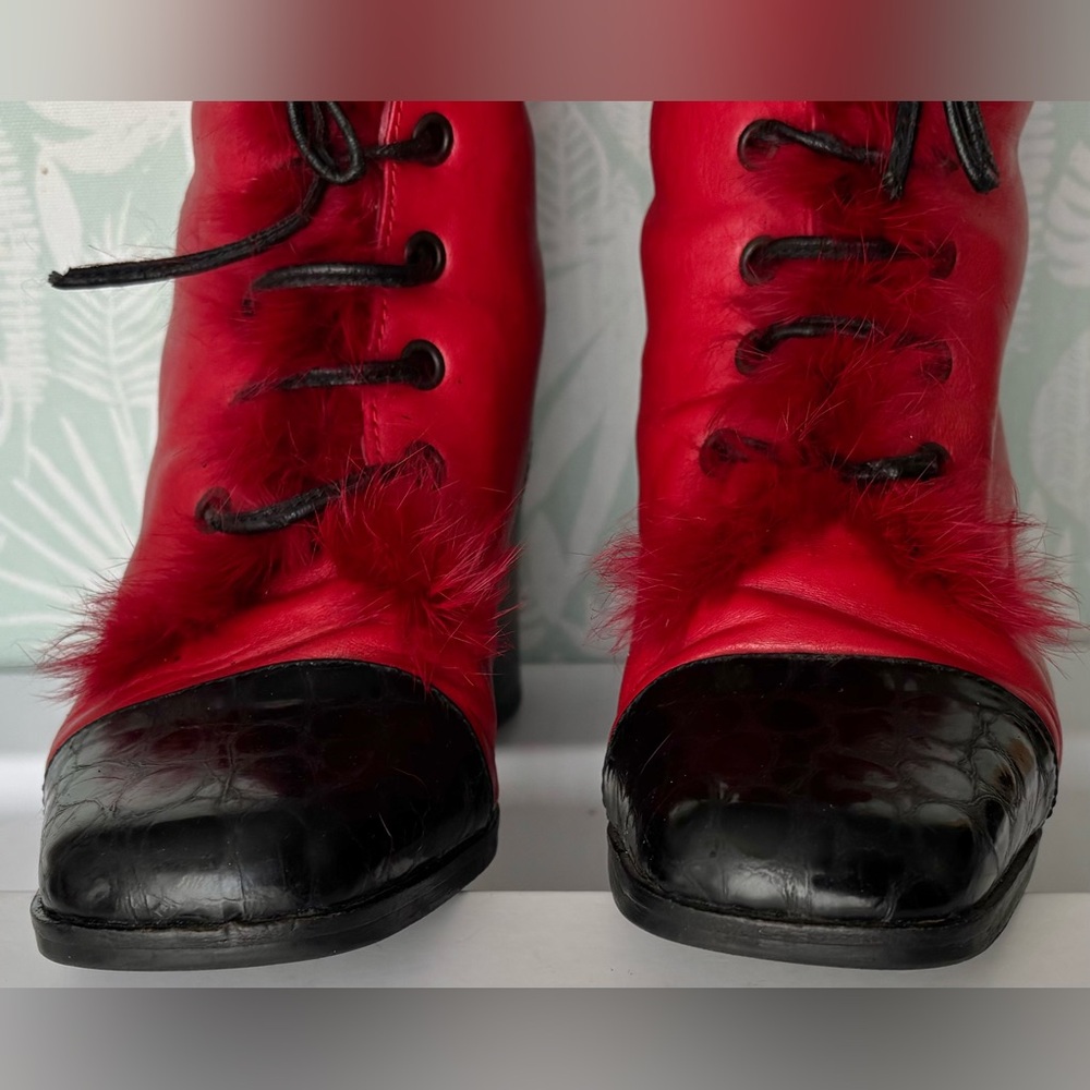 Emmedieci Leather Red Booties Victorian Style w/ Rabbit Hair Lining EU 38 US 7.5 - Picture 7 of 13
